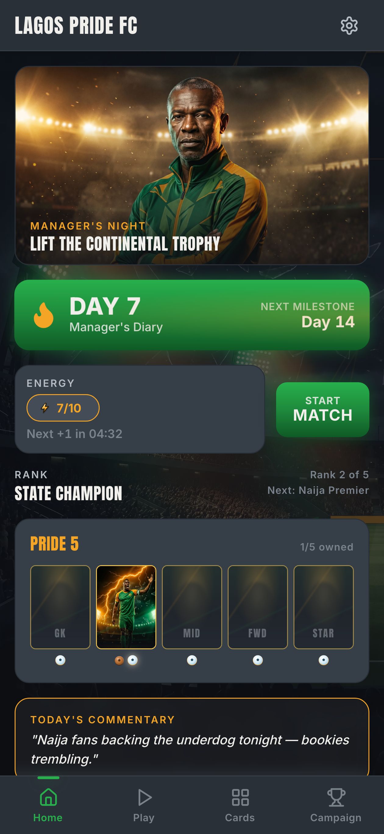 Home screen with energy chip and rank pill