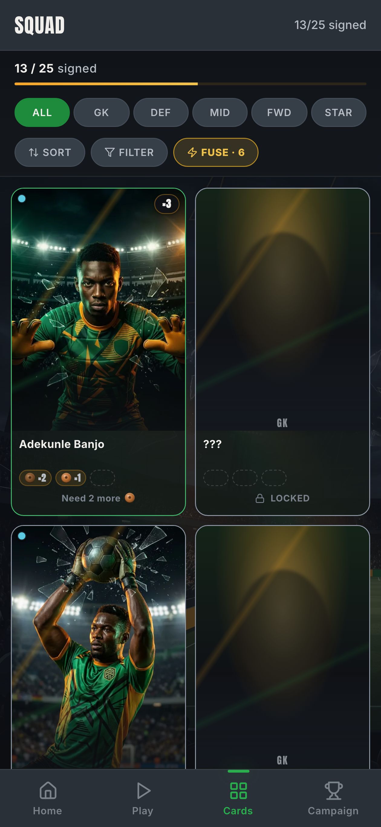 Squad — 2-column collection tiles with per-tier inventory pips
