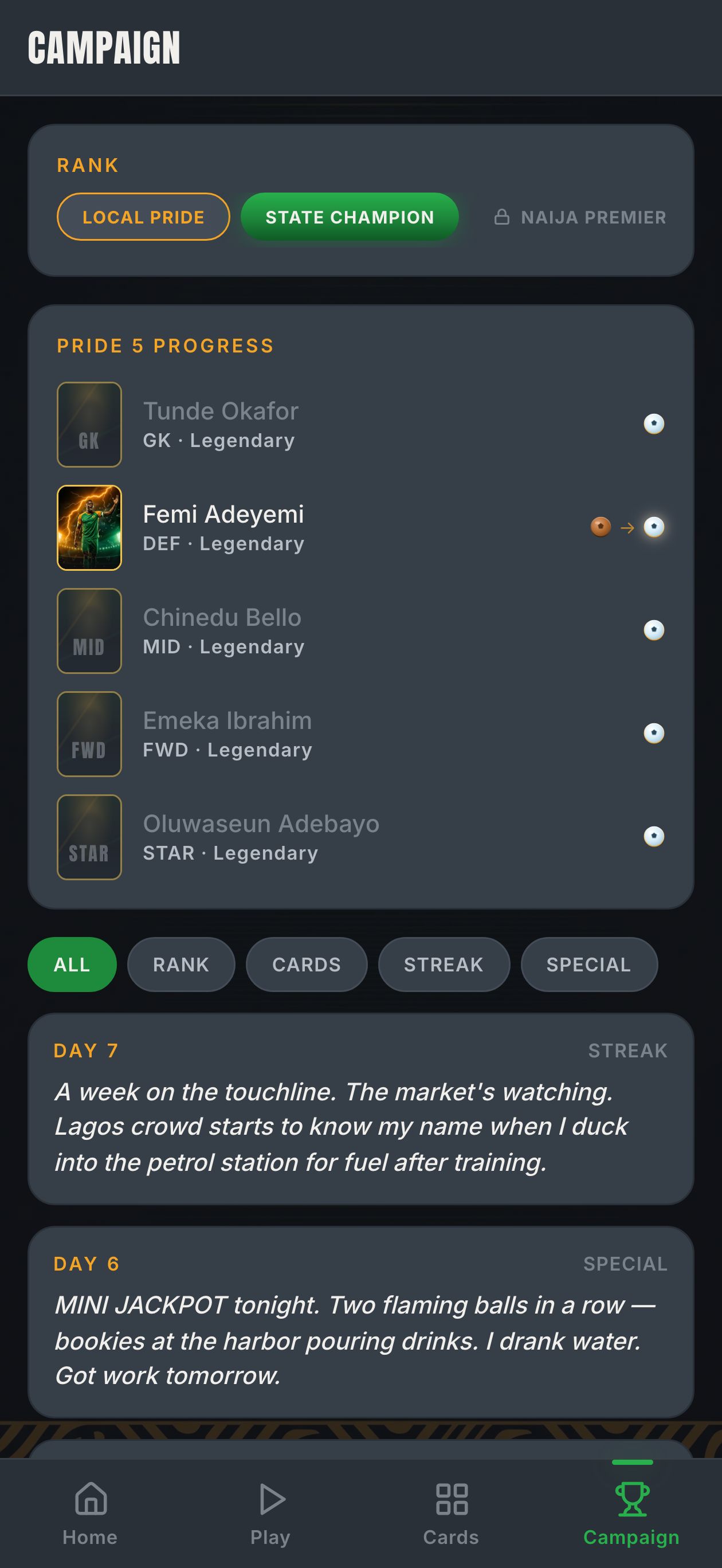 Campaign tab with rank arc and manager journal