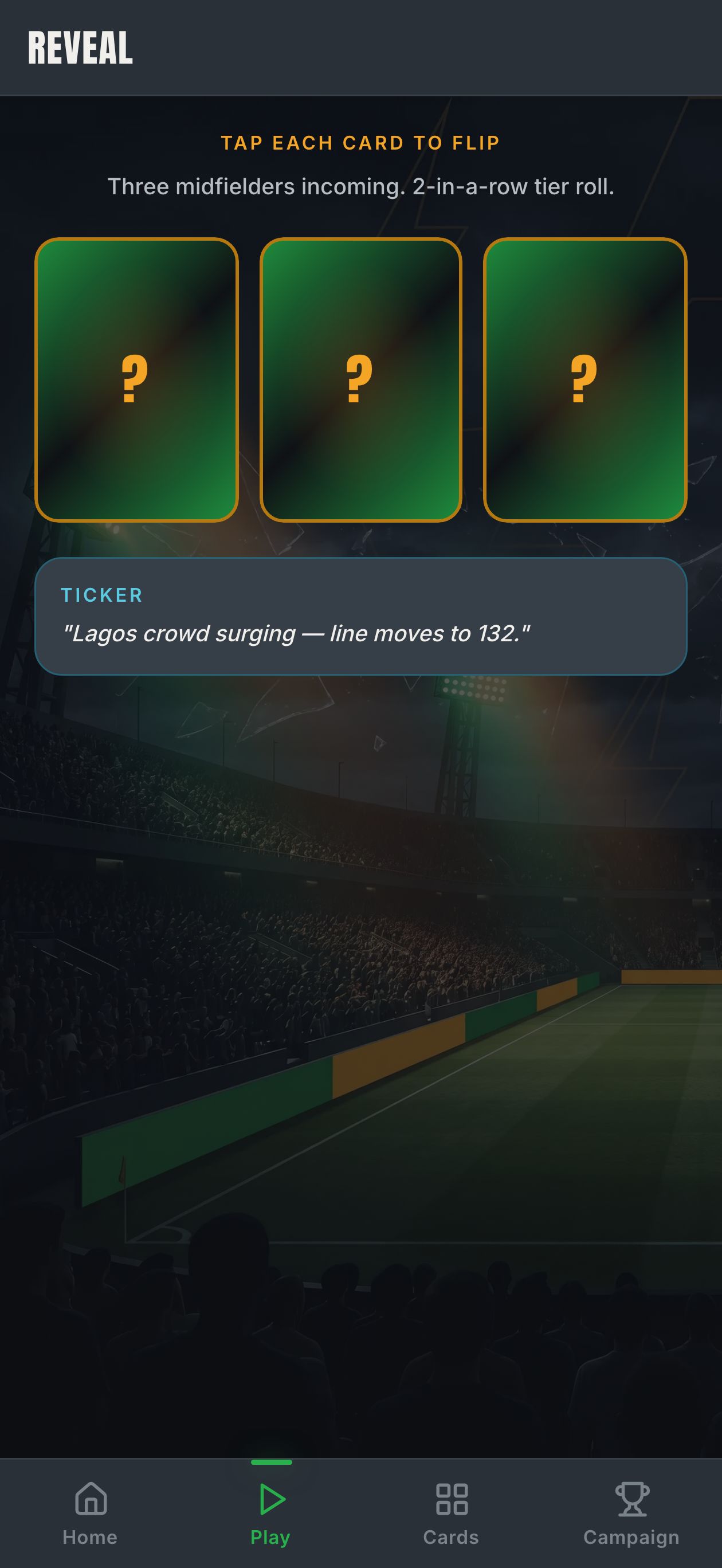 Card reveal screen with three flips